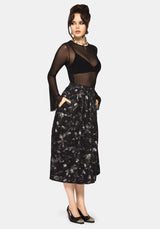 Crimson Magpie and Moth Print Button Up Midi Skirt