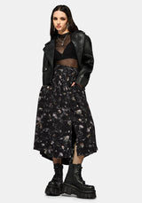 Crimson Magpie and Moth Print Button Up Midi Skirt