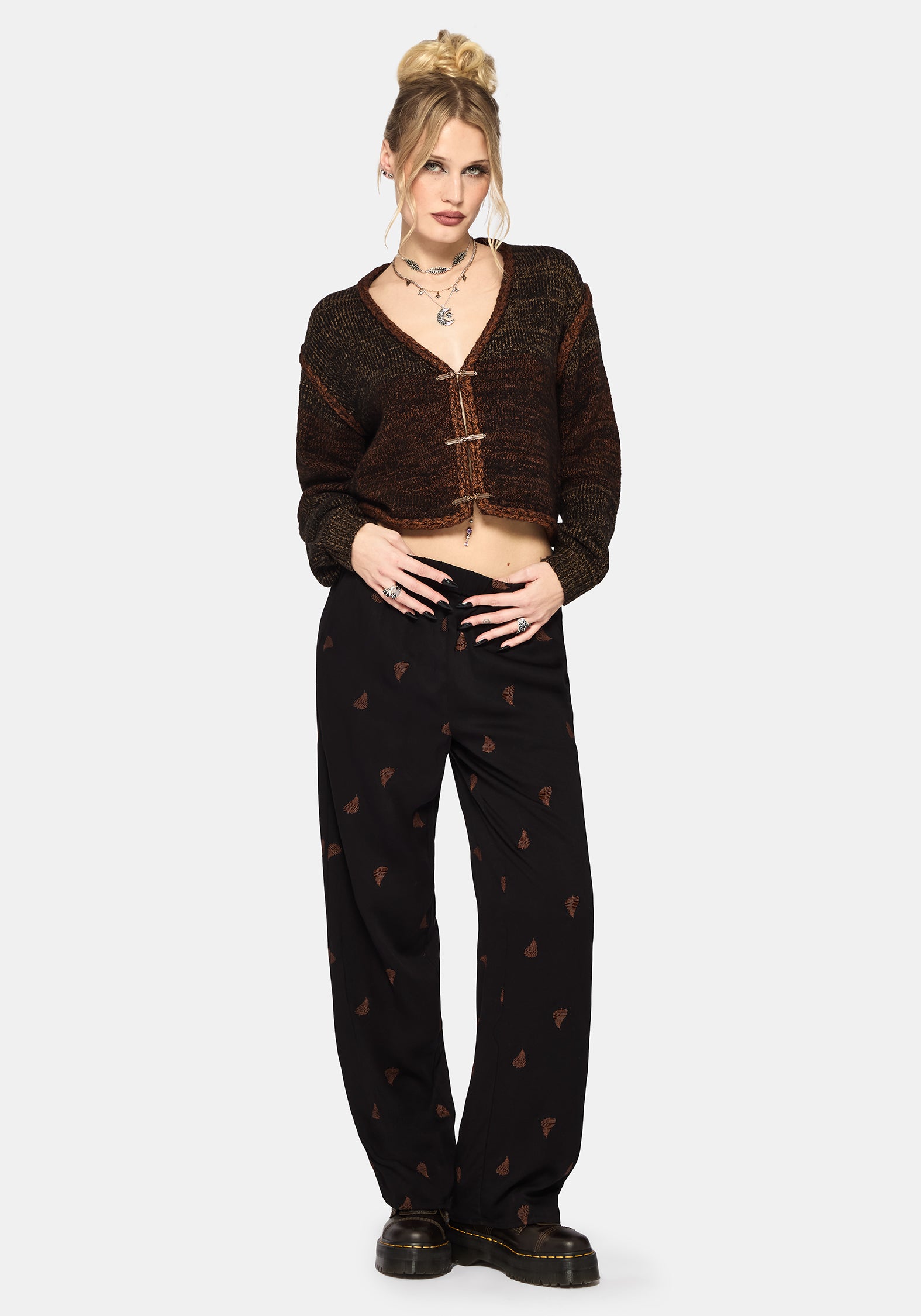 Ruin Farn Braun Embroidery Weit Bein Hose