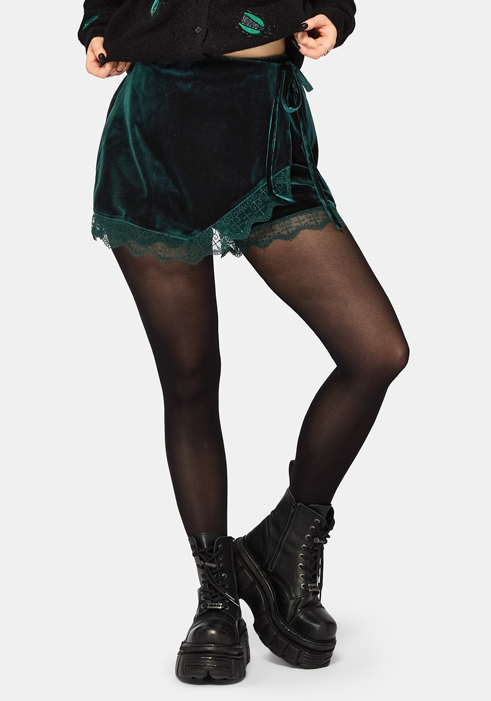 Deva Velours Spitze Besatz Krawatte Taille Skort - Dunkel Grün