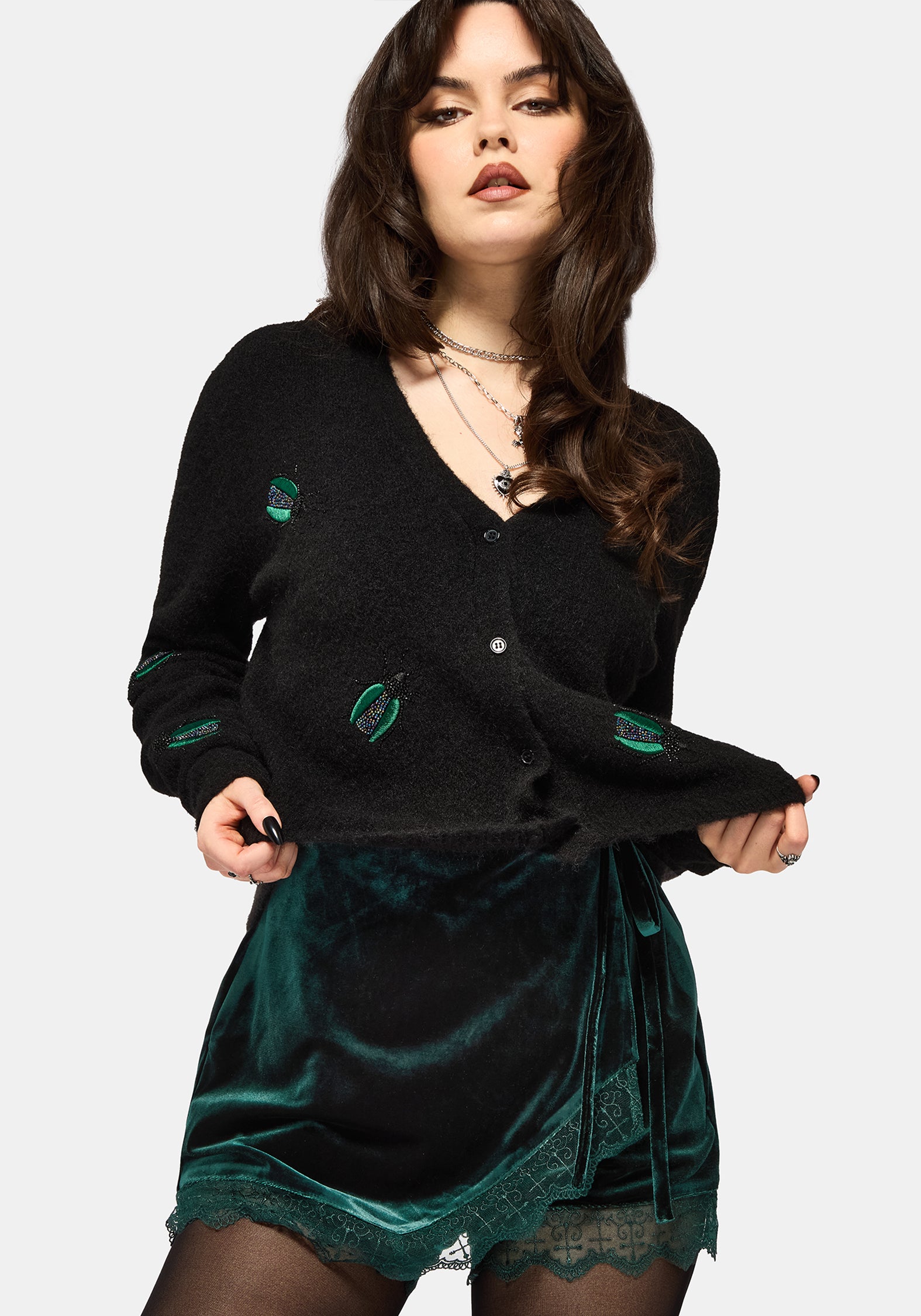Deva Velours Spitze Besatz Krawatte Taille Skort - Dunkel Grün
