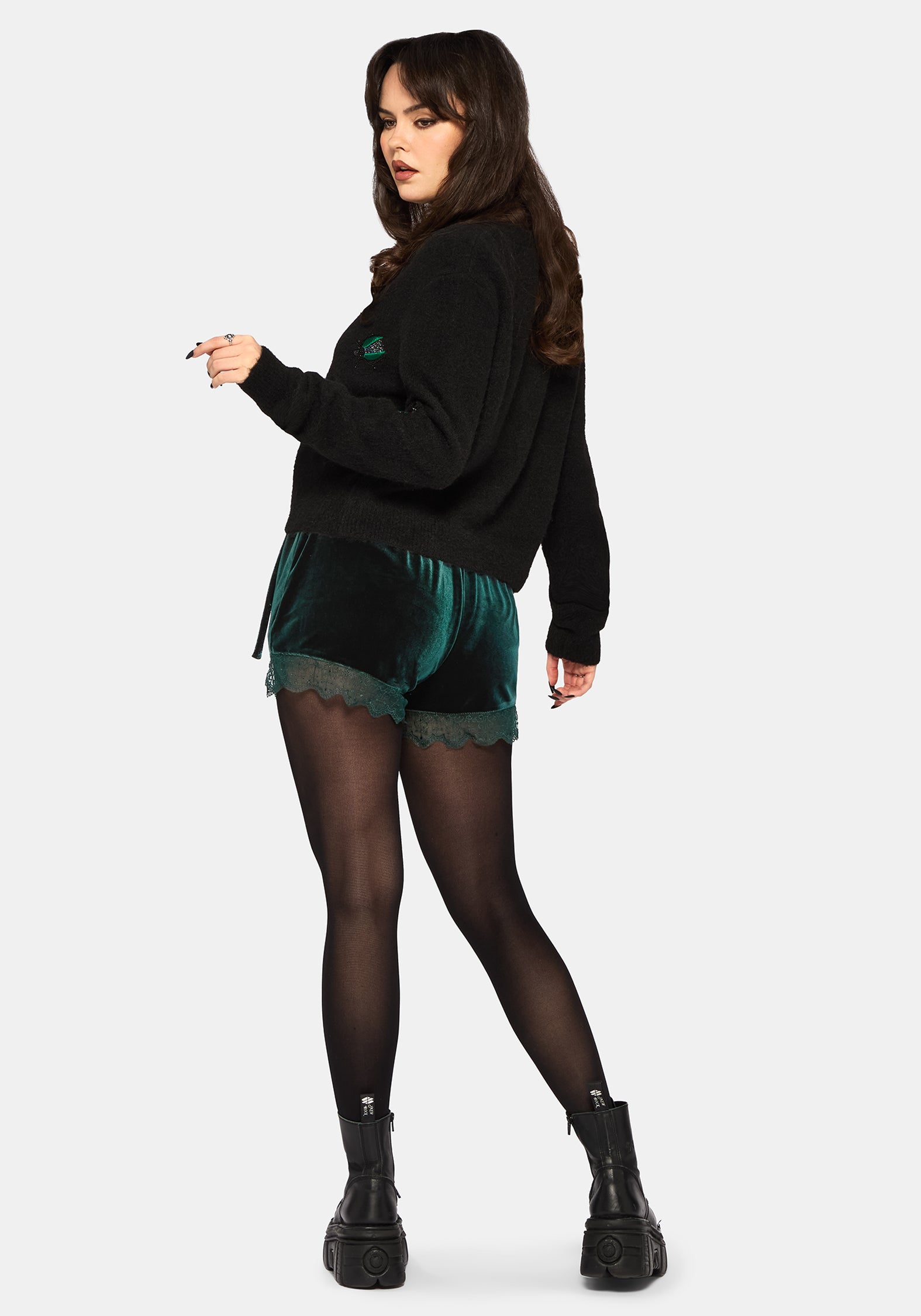 Deva Velours Spitze Besatz Krawatte Taille Skort - Dunkel Grün