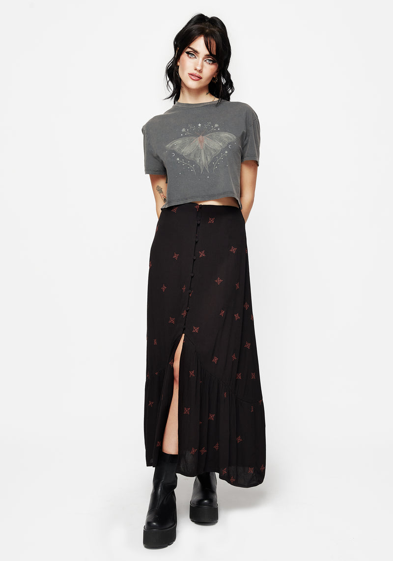 Sublime Witches Knot Bestickt Knopf Runter Midaxi Rock