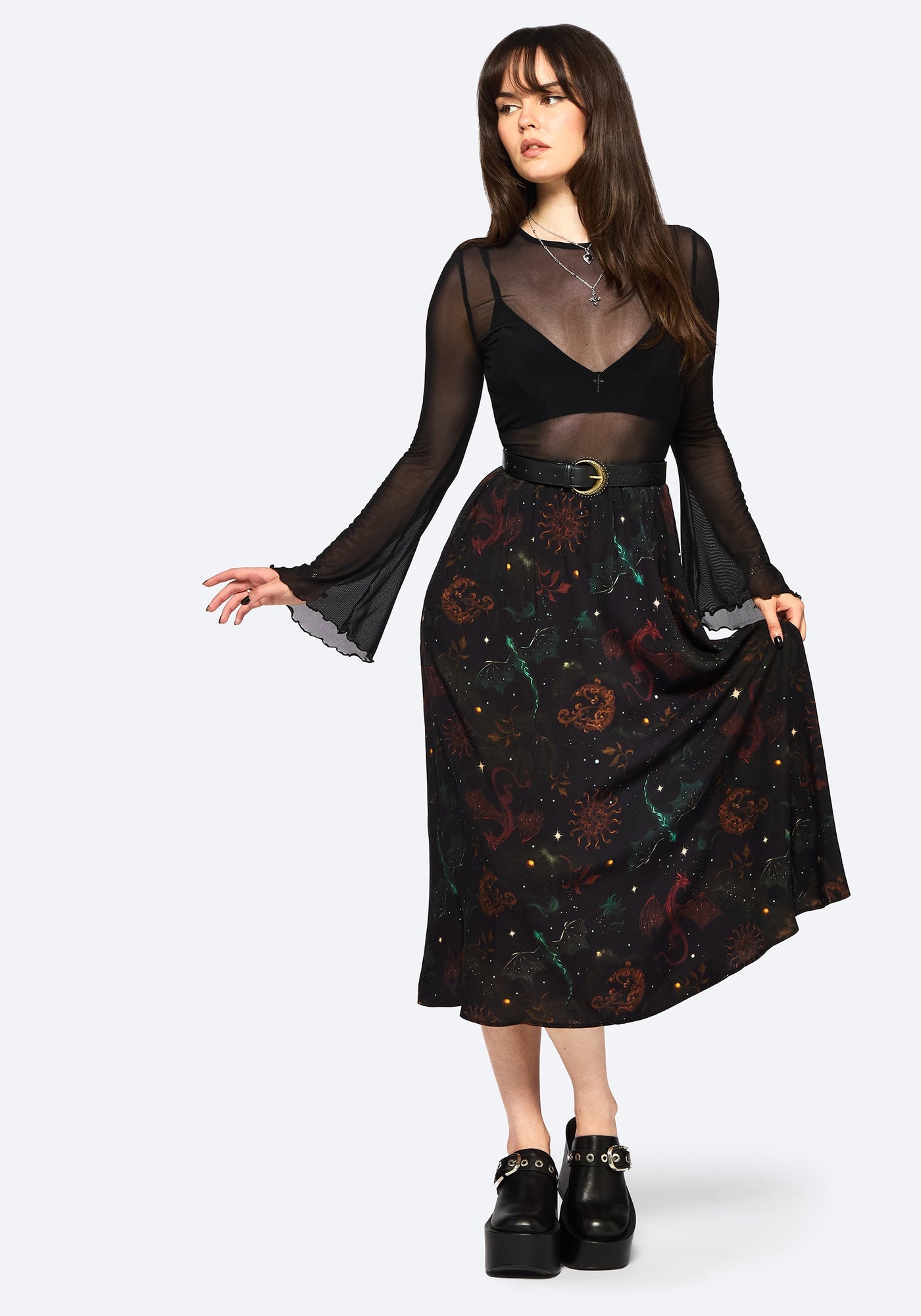 【新品未使用】PHERE Phekda Narrow Skirt_black Phoenix Dragon Printed Pleated Midi Skirt – Disturbia