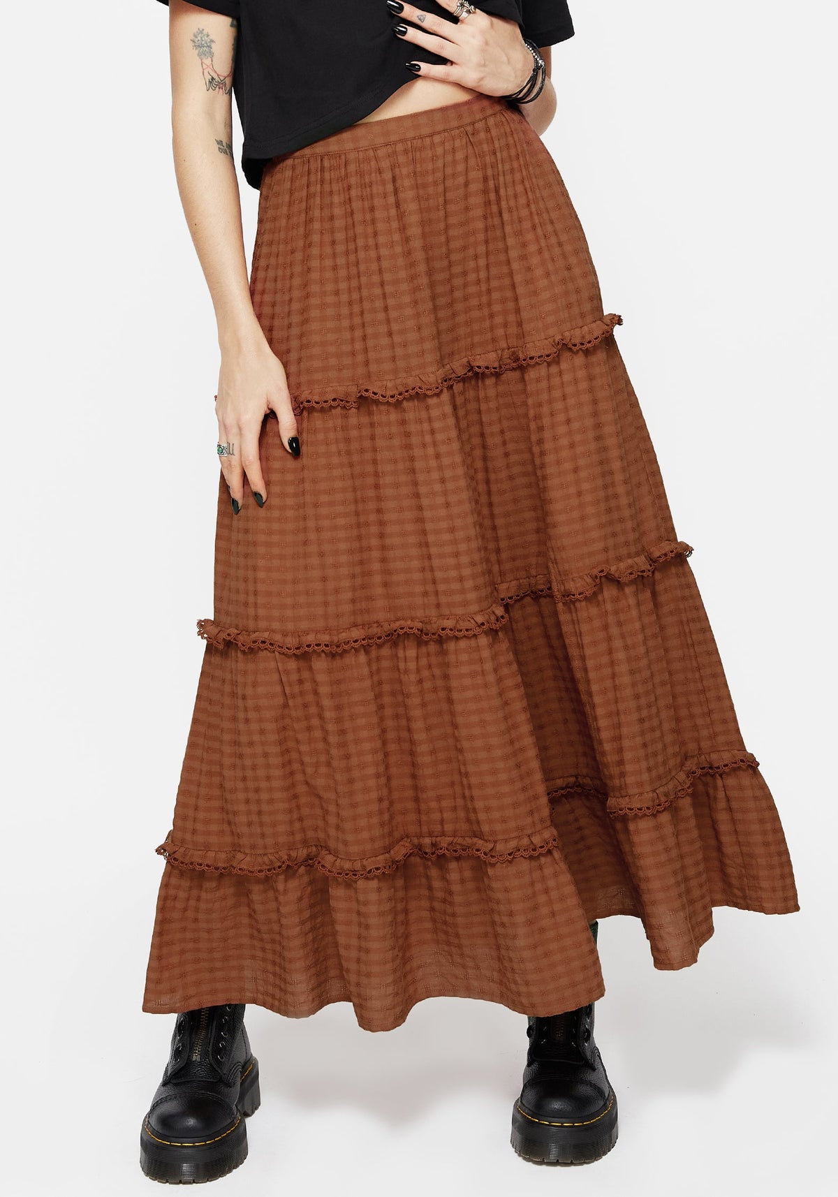 Soleil Cotton-Blend Prüfen Gestuft Maxi Rock