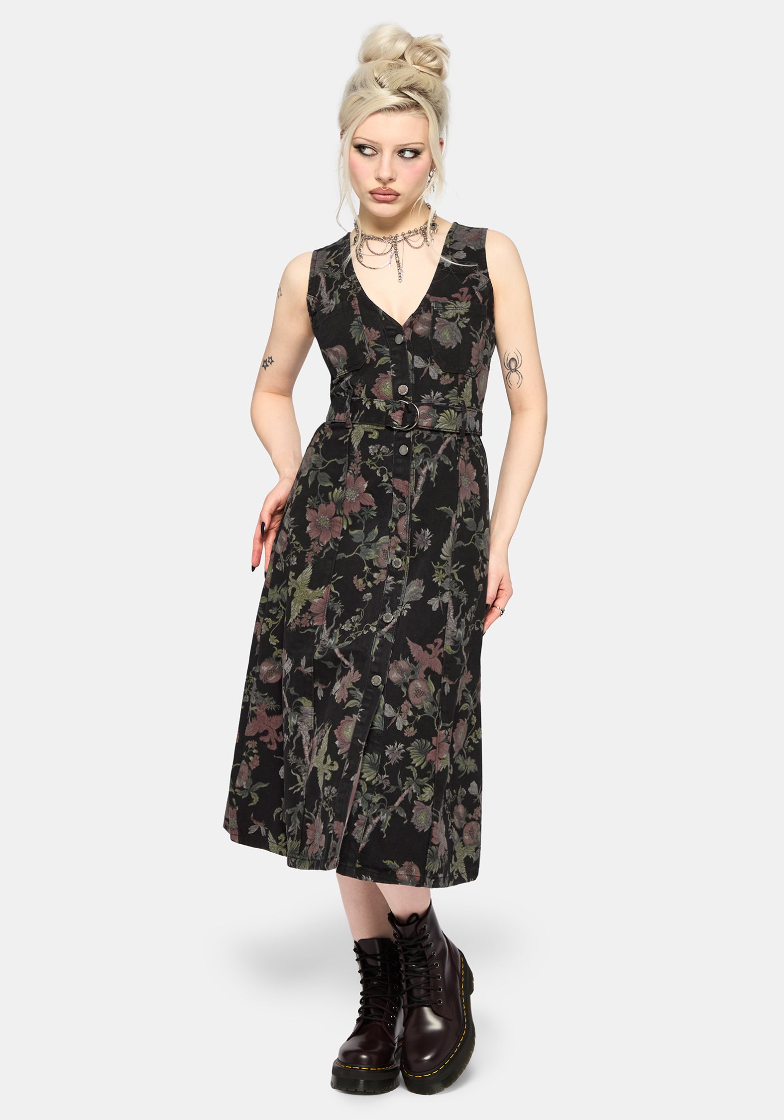 Poison Eden Druck Denim Midi Kleid