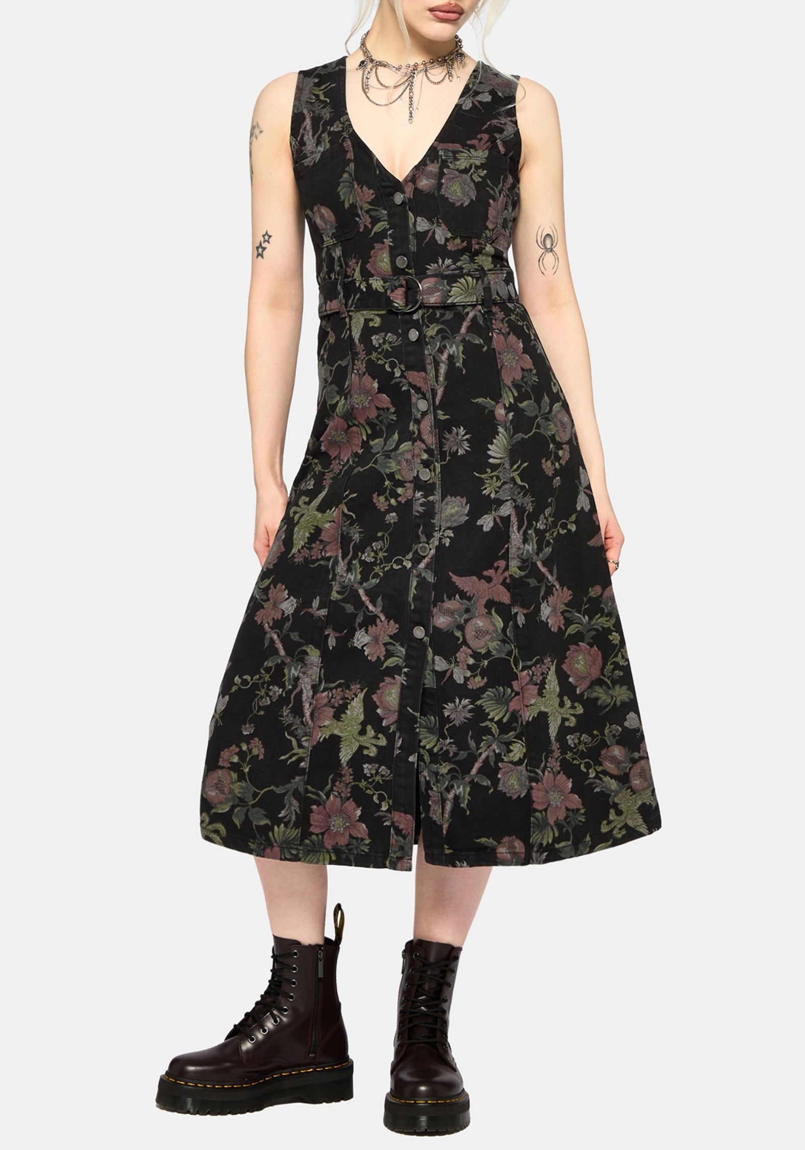 Poison Eden Druck Denim Midi Kleid