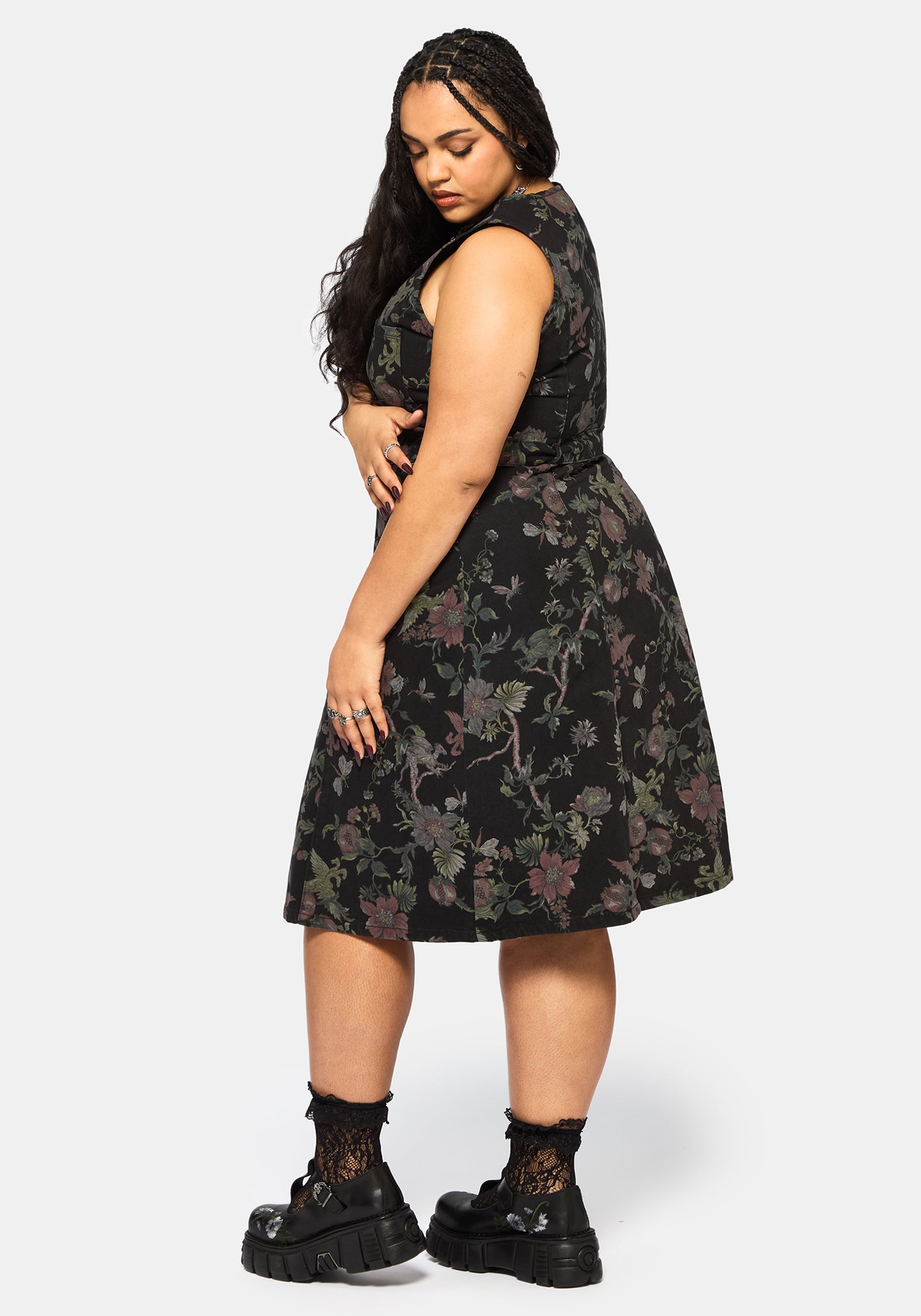 Poison Eden Druck Denim Midi Kleid