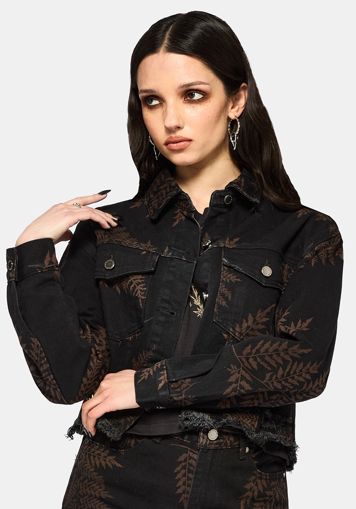 Ruin Farn Bedruckt Abgenutzt Denim Jacke