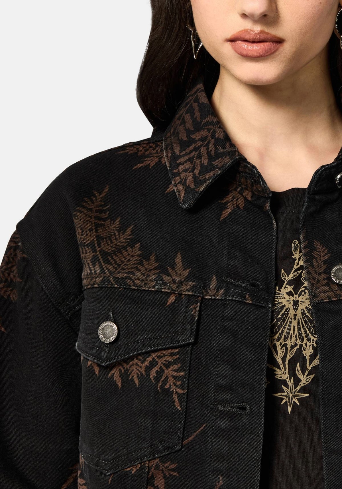 Ruin Farn Bedruckt Abgenutzt Denim Jacke