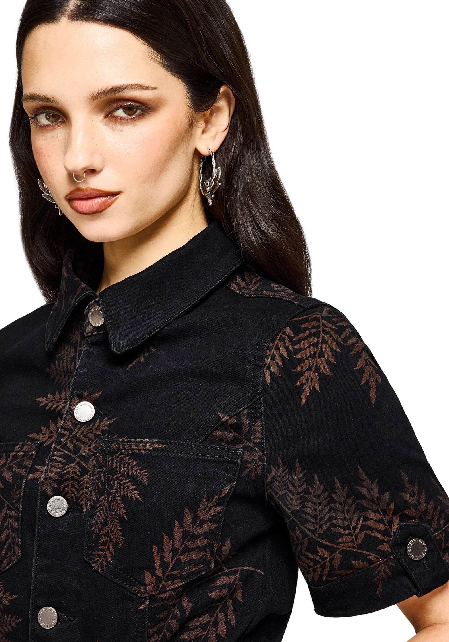 Ruin Farn Bedruckt Denim Mini Hemd Kleid