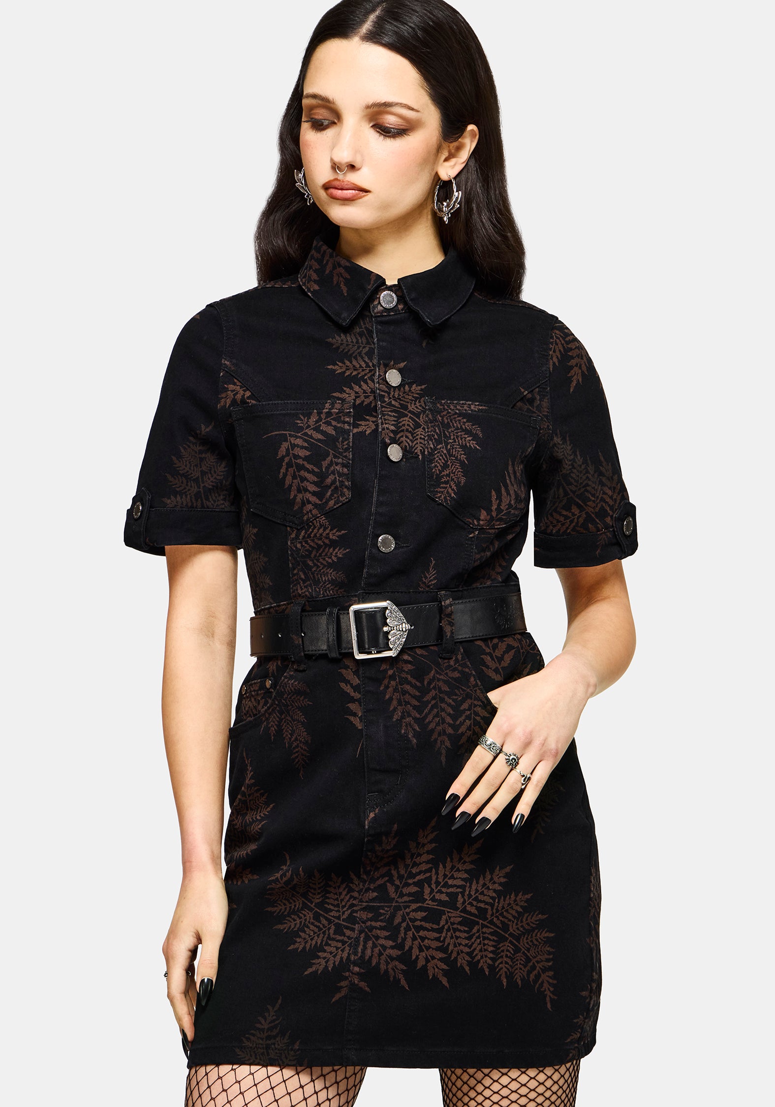 Ruin Farn Bedruckt Denim Mini Hemd Kleid