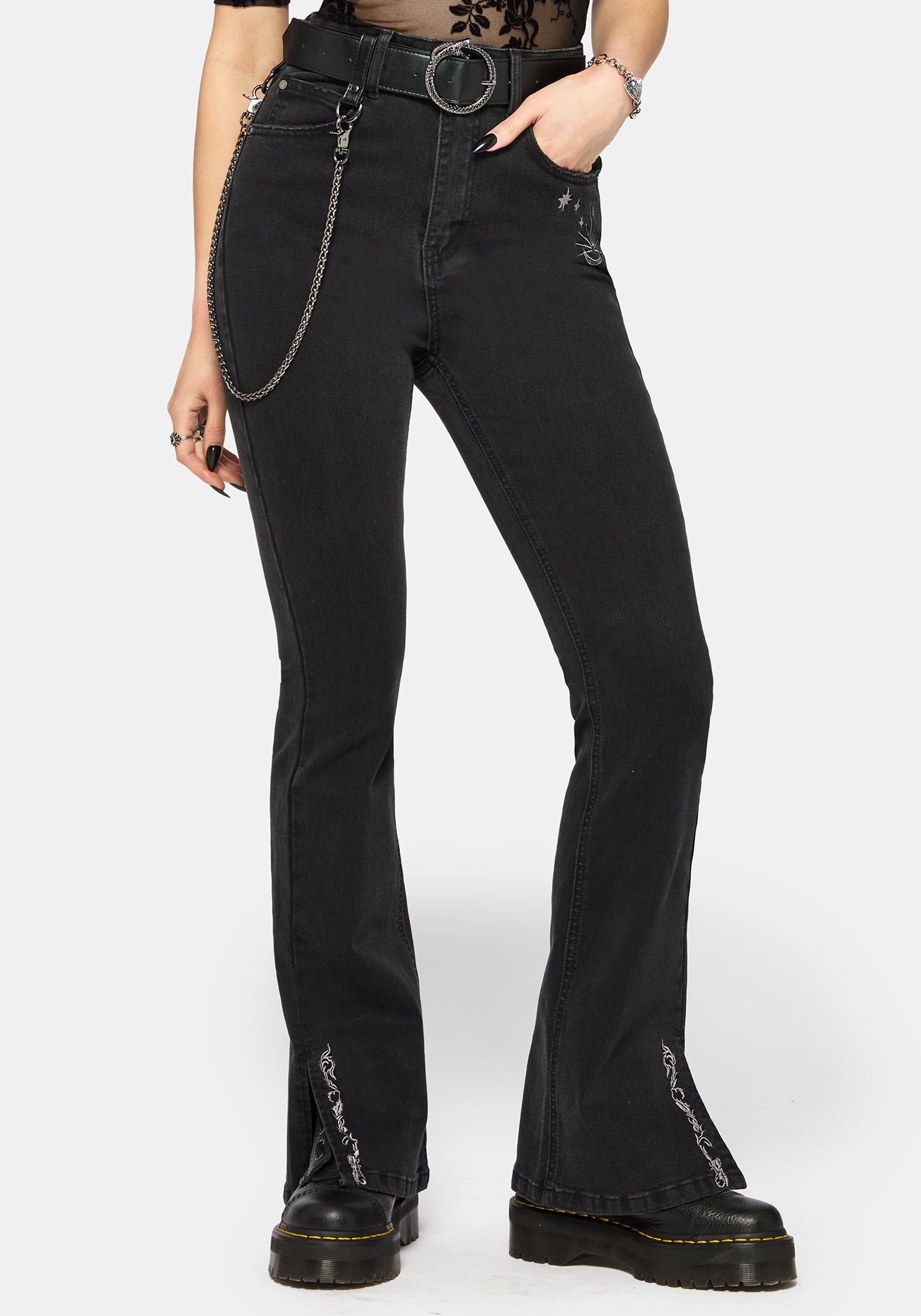 Reina Celestial Embroidered Denim Kick Flare Jean
