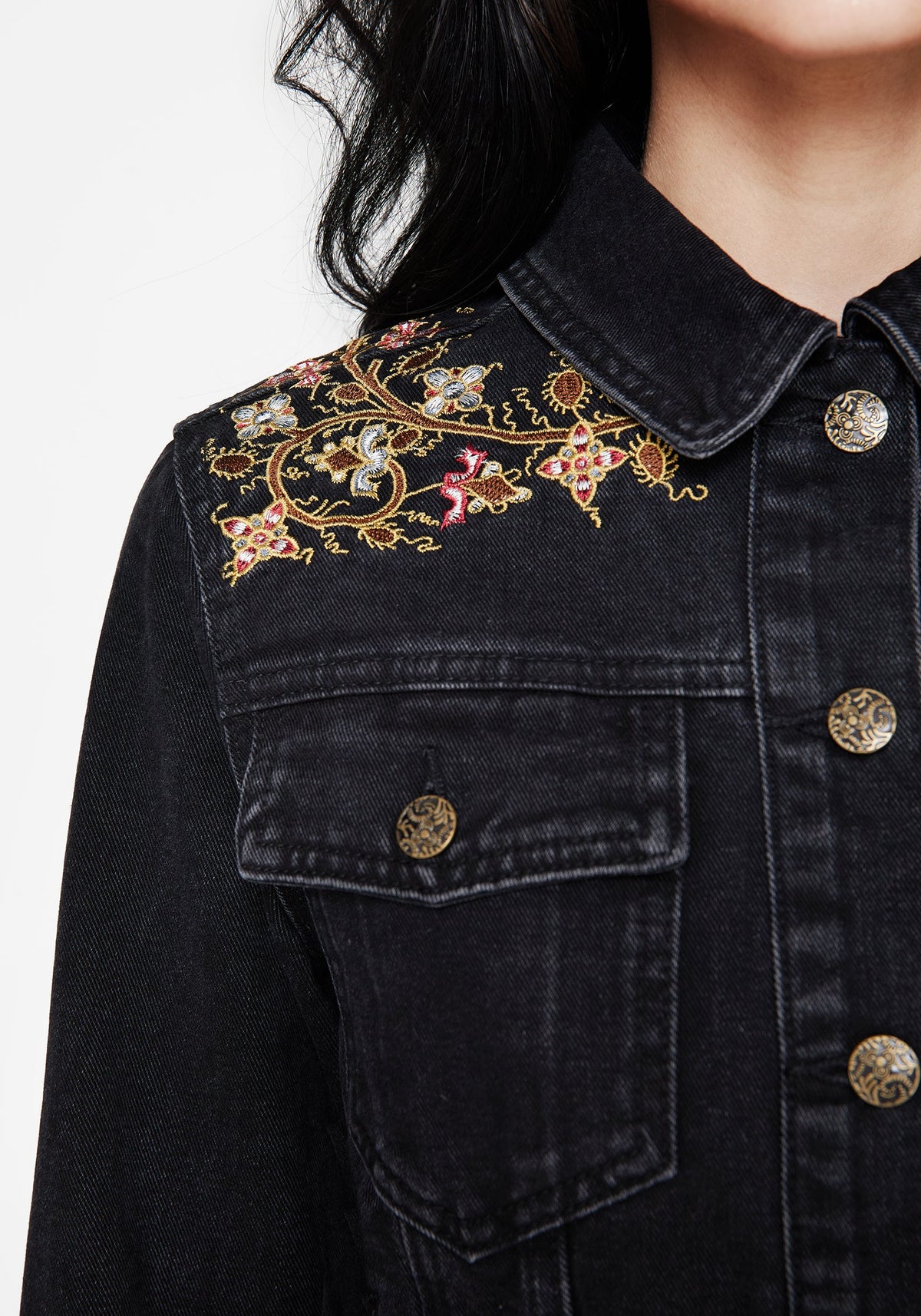 Nasturtium Blumenmuster Bestickt Denim Jacke