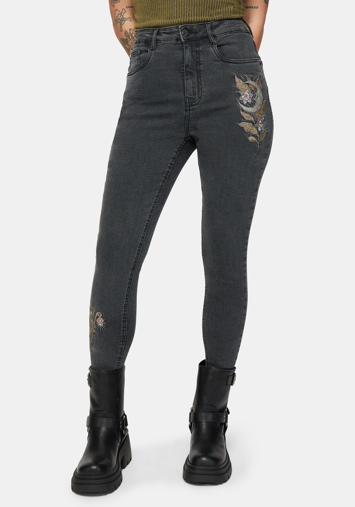 Hexborn Baba Yaga Bestickt Denim Schmal Jean