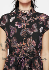 Eloise Blumenmuster Schmetterling Druck Knopf Hoch Midi Kleid