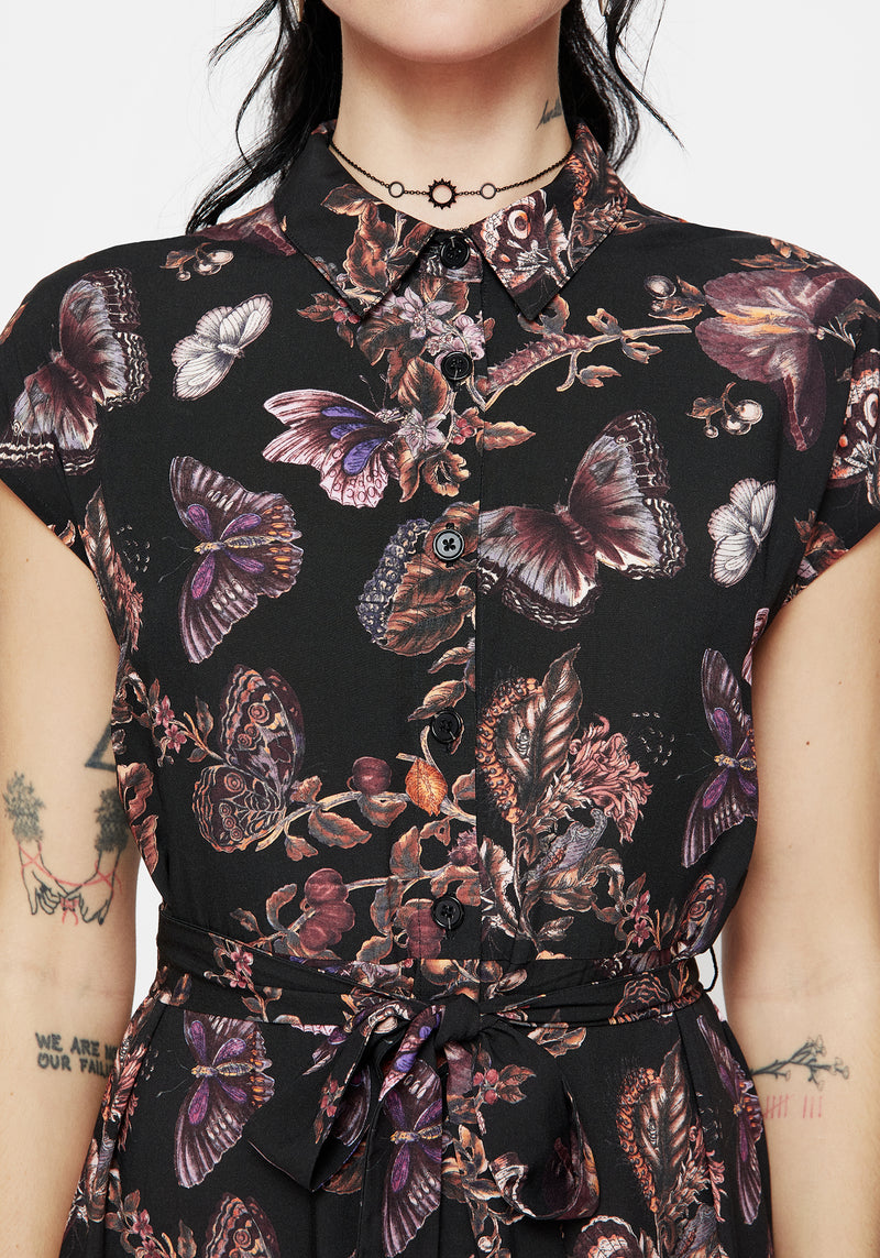 Eloise Blumenmuster Schmetterling Druck Knopf Hoch Midi Kleid