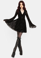 Lunafern Farn Blatt Beflockt Mesh Flöte Ärmel Mini Kleid