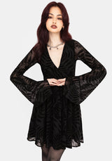 Lunafern Farn Blatt Beflockt Mesh Flöte Ärmel Mini Kleid
