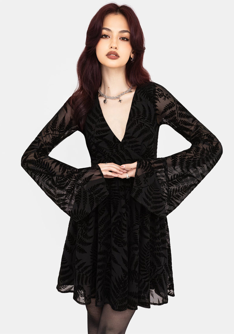 Lunafern Farn Blatt Beflockt Mesh Flöte Ärmel Mini Kleid