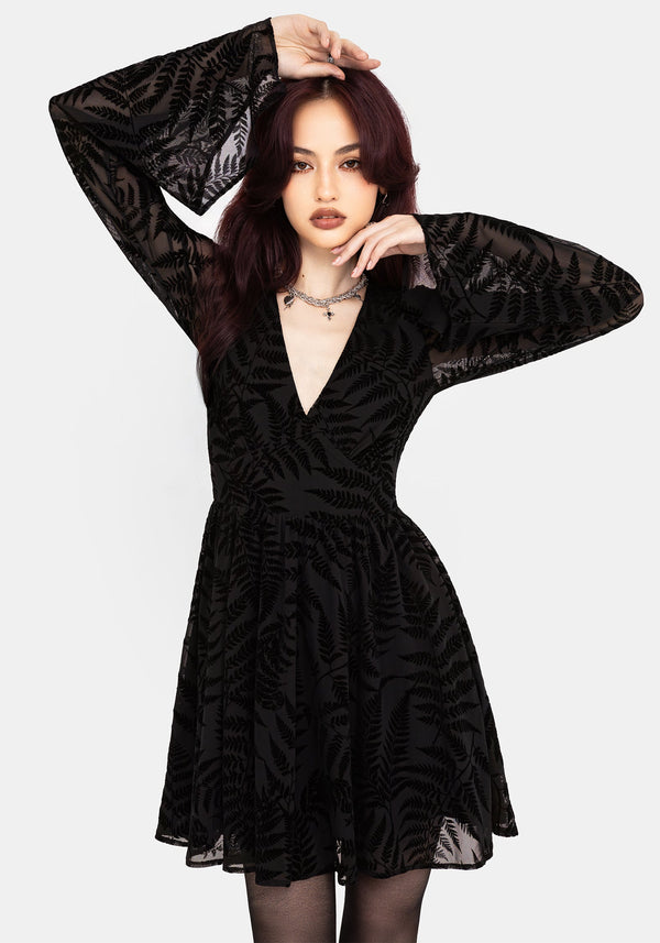 Lunafern Farn Blatt Beflockt Mesh Flöte Ärmel Mini Kleid
