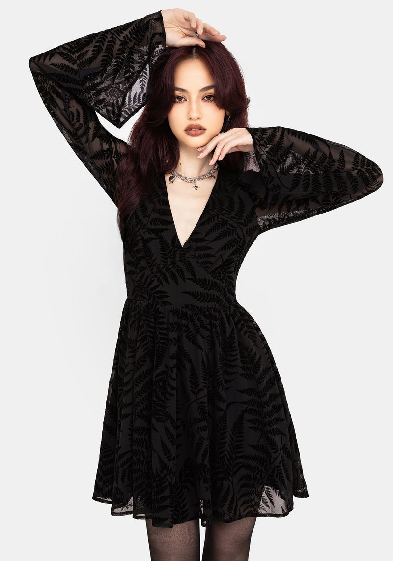 Lunafern Farn Blatt Beflockt Mesh Flöte Ärmel Mini Kleid