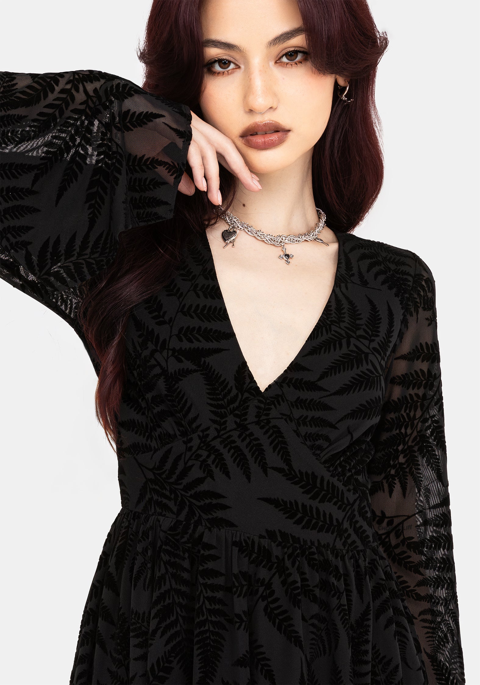 Lunafern Farn Blatt Beflockt Mesh Flöte Ärmel Mini Kleid