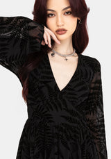 Lunafern Farn Blatt Beflockt Mesh Flöte Ärmel Mini Kleid