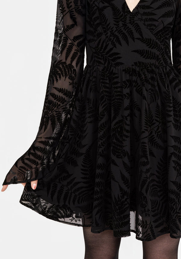 Lunafern Farn Blatt Beflockt Mesh Flöte Ärmel Mini Kleid