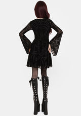 Lunafern Farn Blatt Beflockt Mesh Flöte Ärmel Mini Kleid
