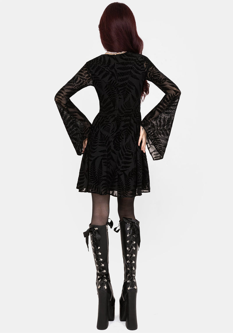 Lunafern Farn Blatt Beflockt Mesh Flöte Ärmel Mini Kleid