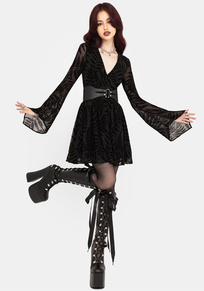 Lunafern Farn Blatt Beflockt Mesh Flöte Ärmel Mini Kleid