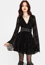 Lunafern Farn Blatt Beflockt Mesh Flöte Ärmel Mini Kleid