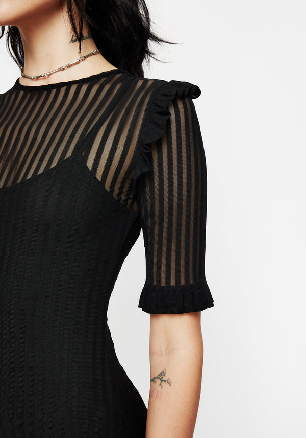 Mourning Rüsche Detail Mesh Kurz Ärmel Maxi Kleid