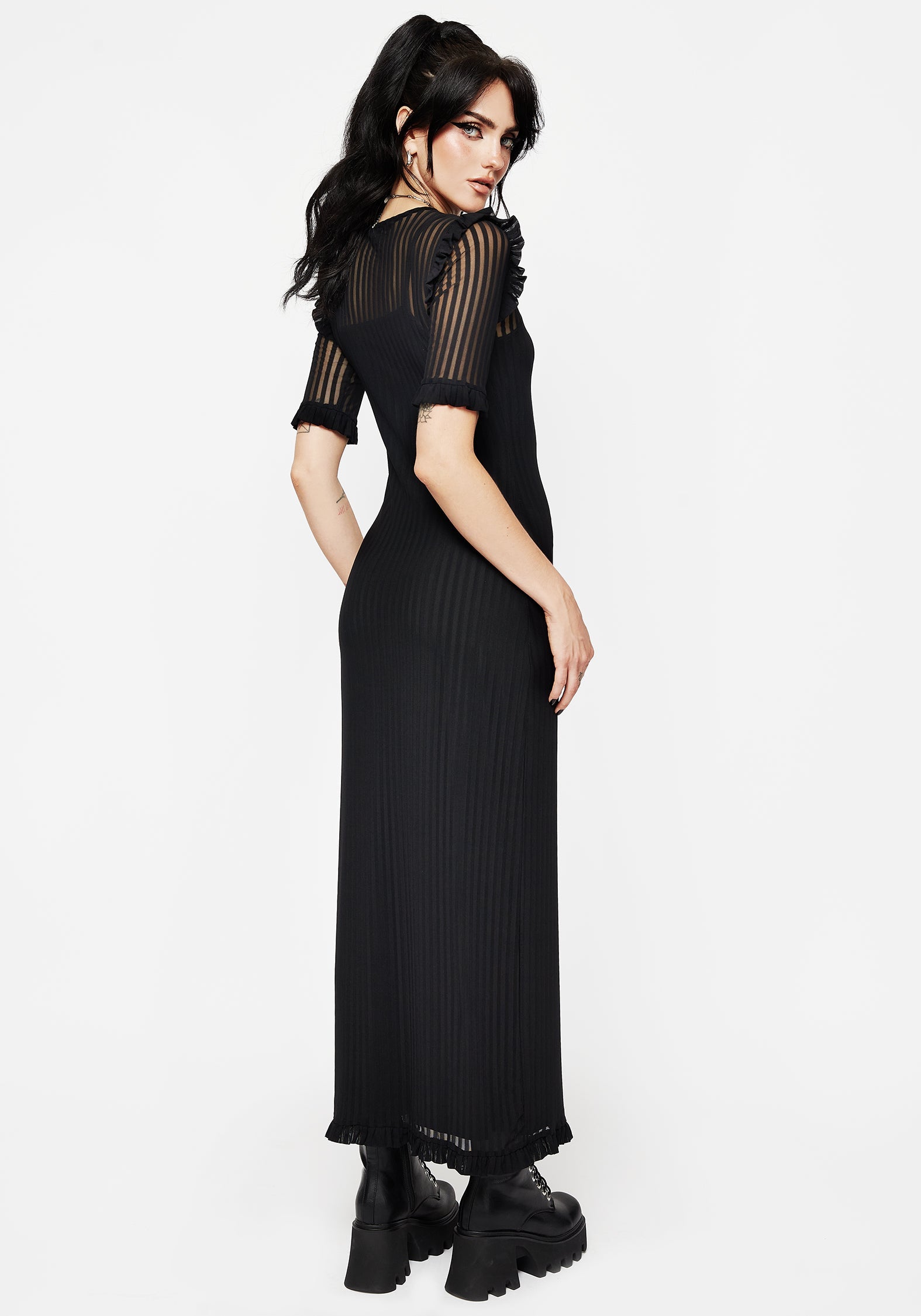 Mourning Rüsche Detail Mesh Kurz Ärmel Maxi Kleid