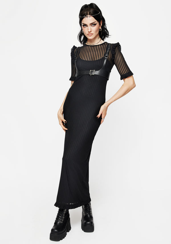 Mourning Rüsche Detail Mesh Kurz Ärmel Maxi Kleid