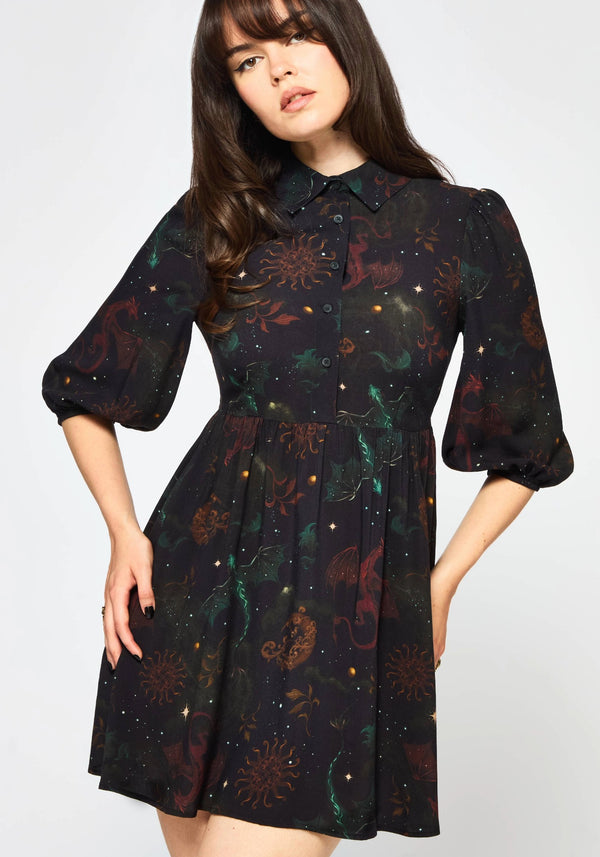 Phoenix Dragon Bedruckt Mini Hemd Kleid