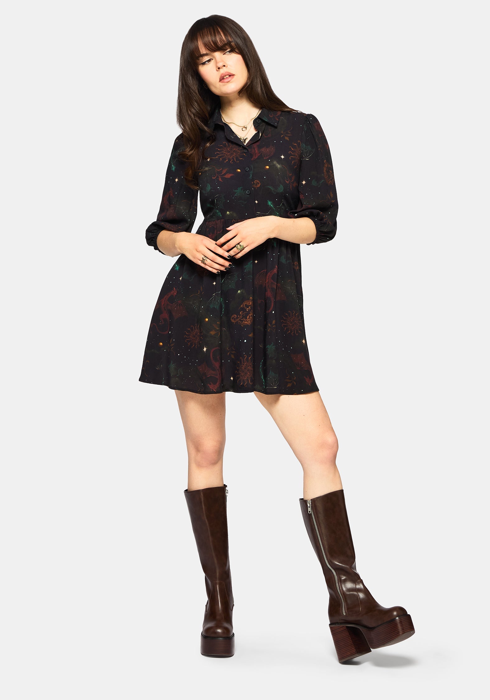 Phoenix Dragon Bedruckt Mini Hemd Kleid