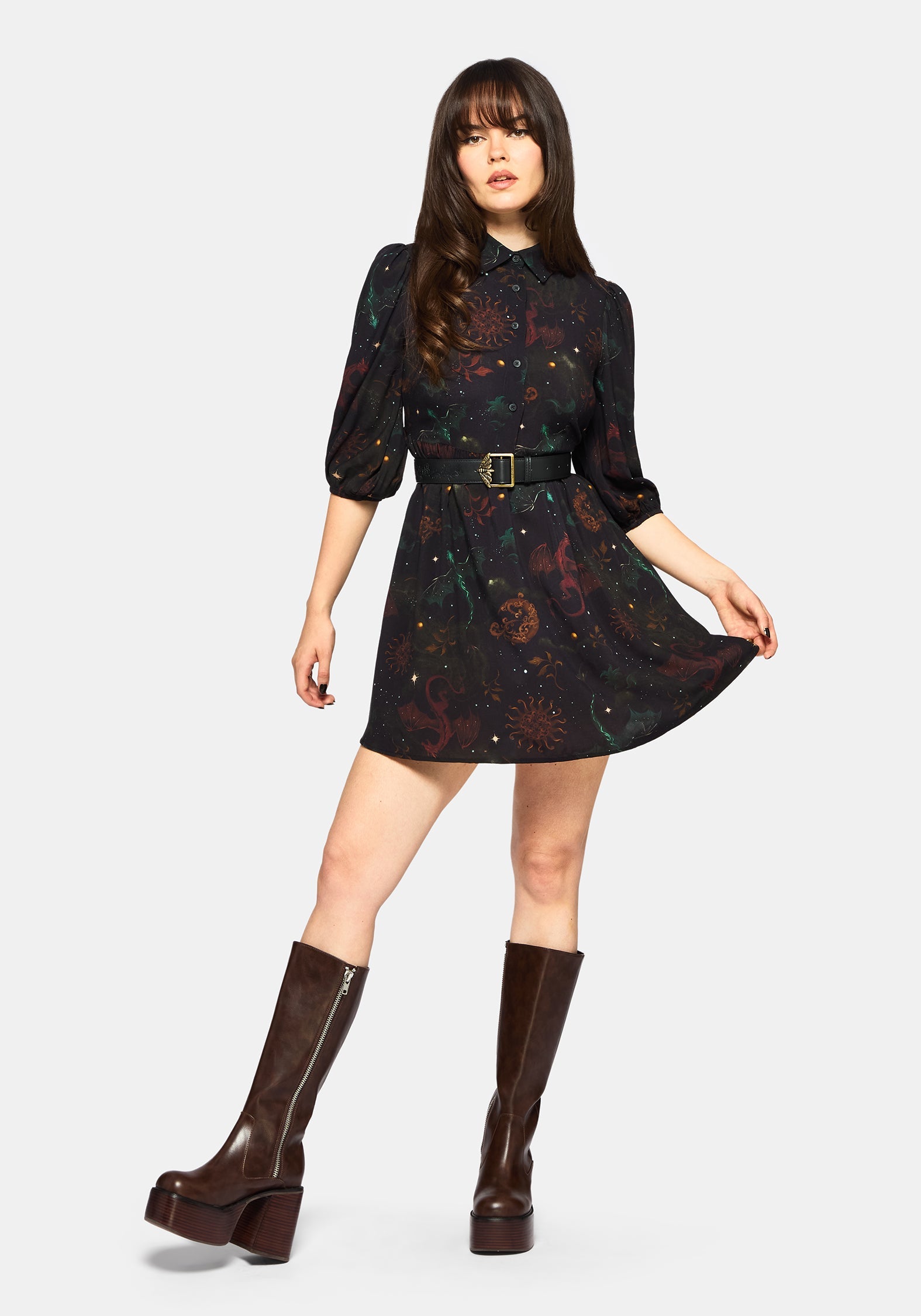 Phoenix Dragon Bedruckt Mini Hemd Kleid