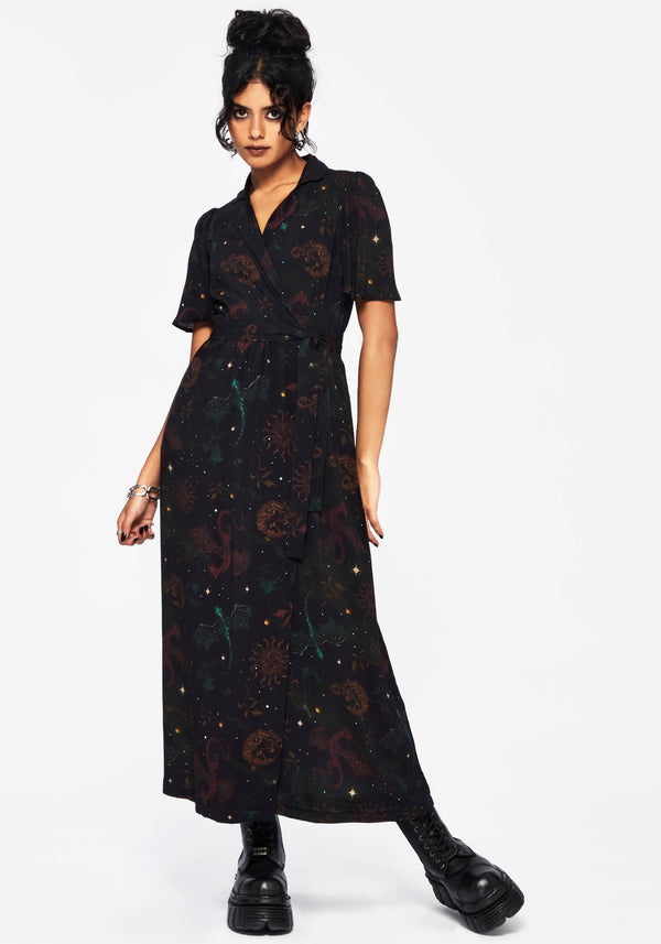 Phoenix Dragon Bedruckt Wickel Midaxi Hemd Kleid
