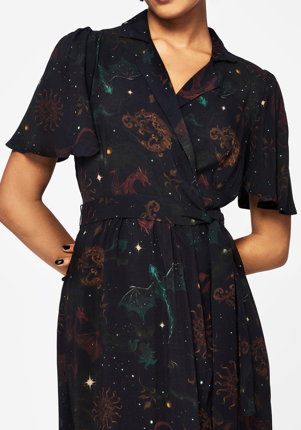Phoenix Dragon Bedruckt Wickel Midaxi Hemd Kleid