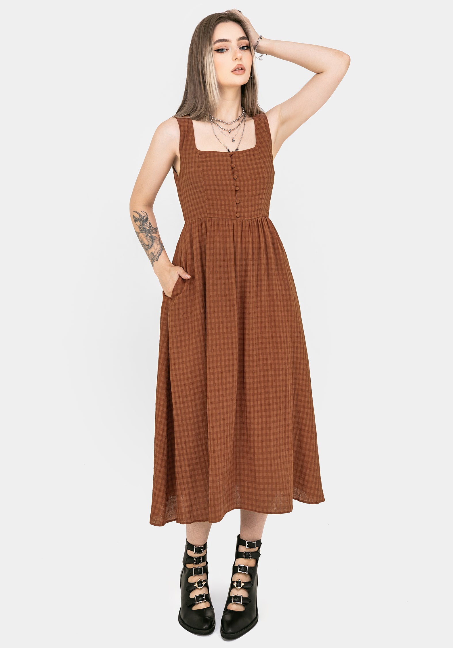 Soleil Cotton-Blend Prüfen Cami Midi Kleid
