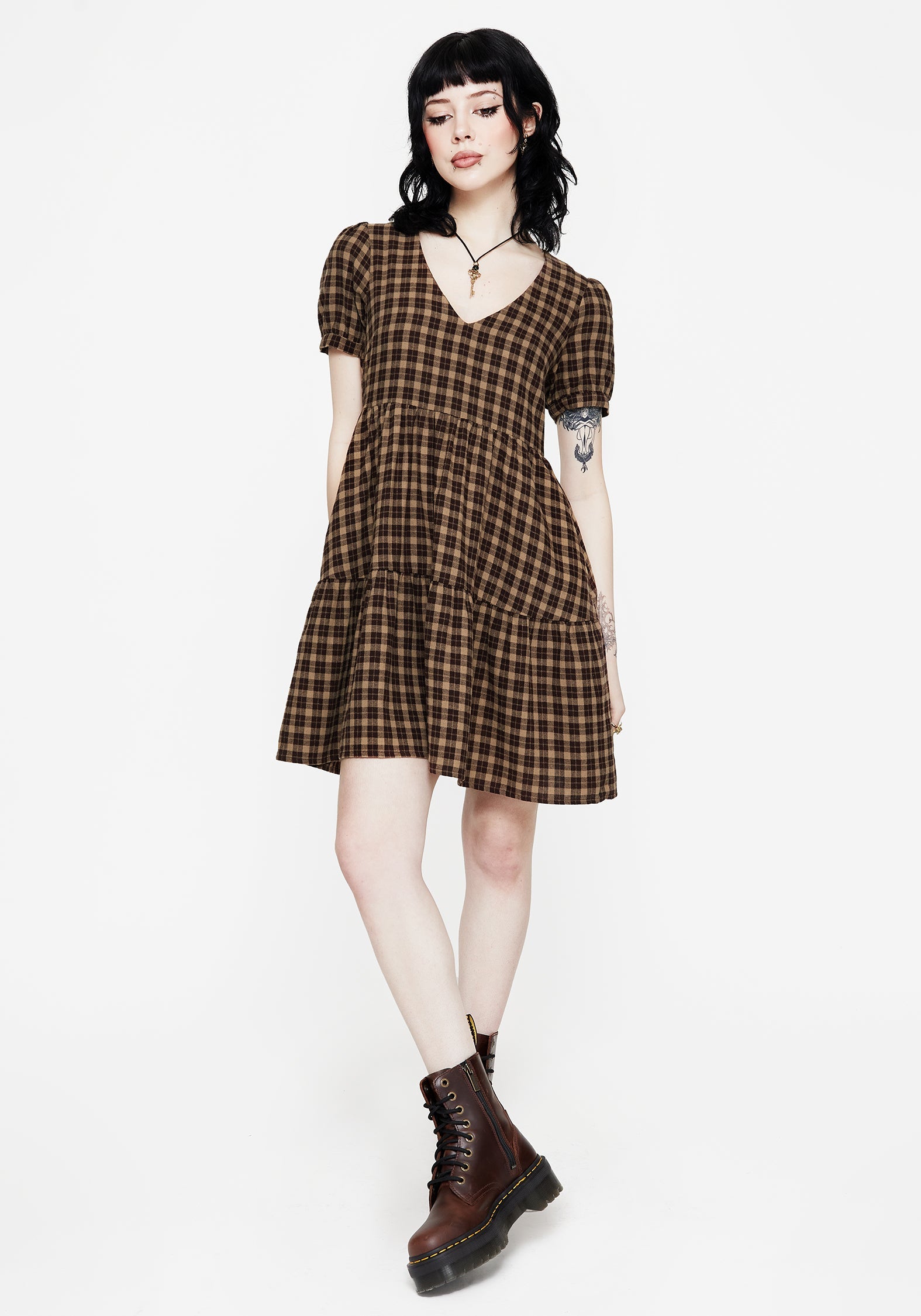 Terra Baumwolle Prüfen Rüsche Mini Kleid - Braun