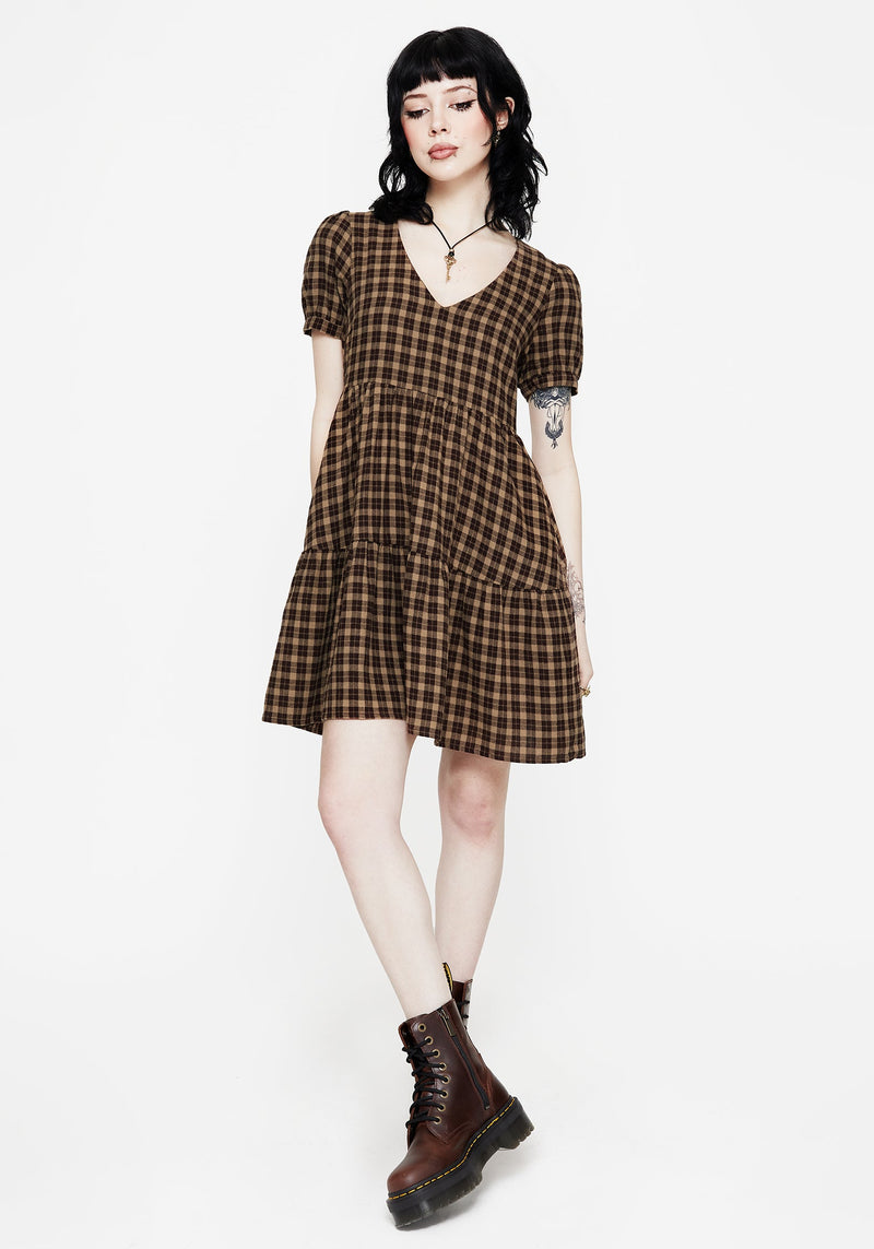 Terra Cotton Check Smock Mini Dress - Brown Disturbia Terra Cotton Check Smock Mini Dress - Brown Disturbia