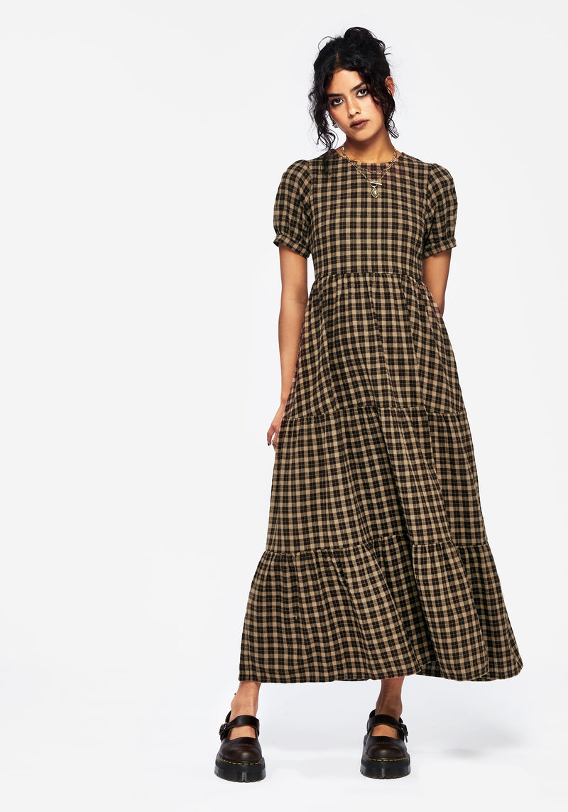 Terra Baumwolle Prüfen Rüsche Midaxi Kleid - Braun
