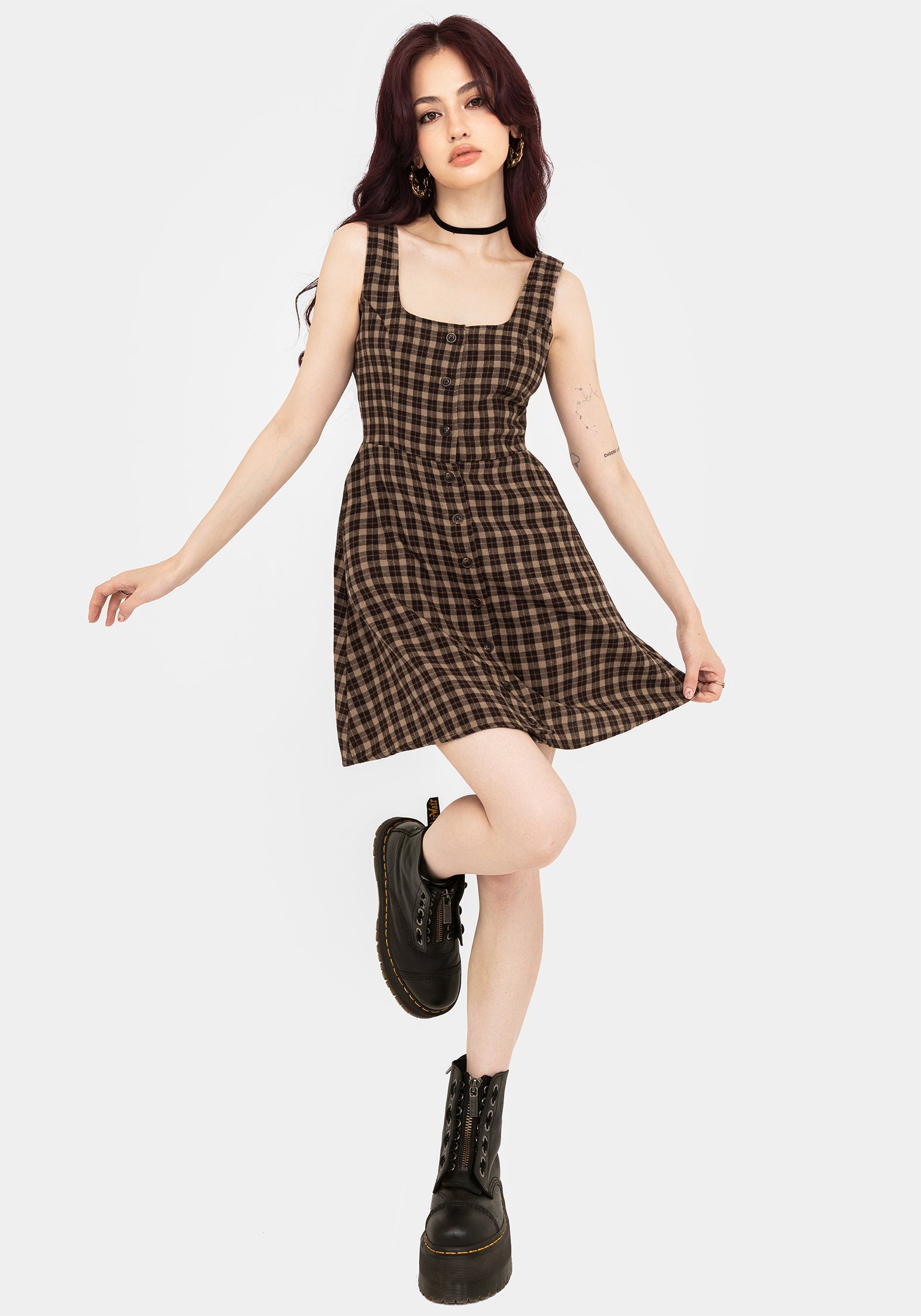 Terra Cotton Check Sleeveless Button Up Mini Dress - Brown – Disturbia