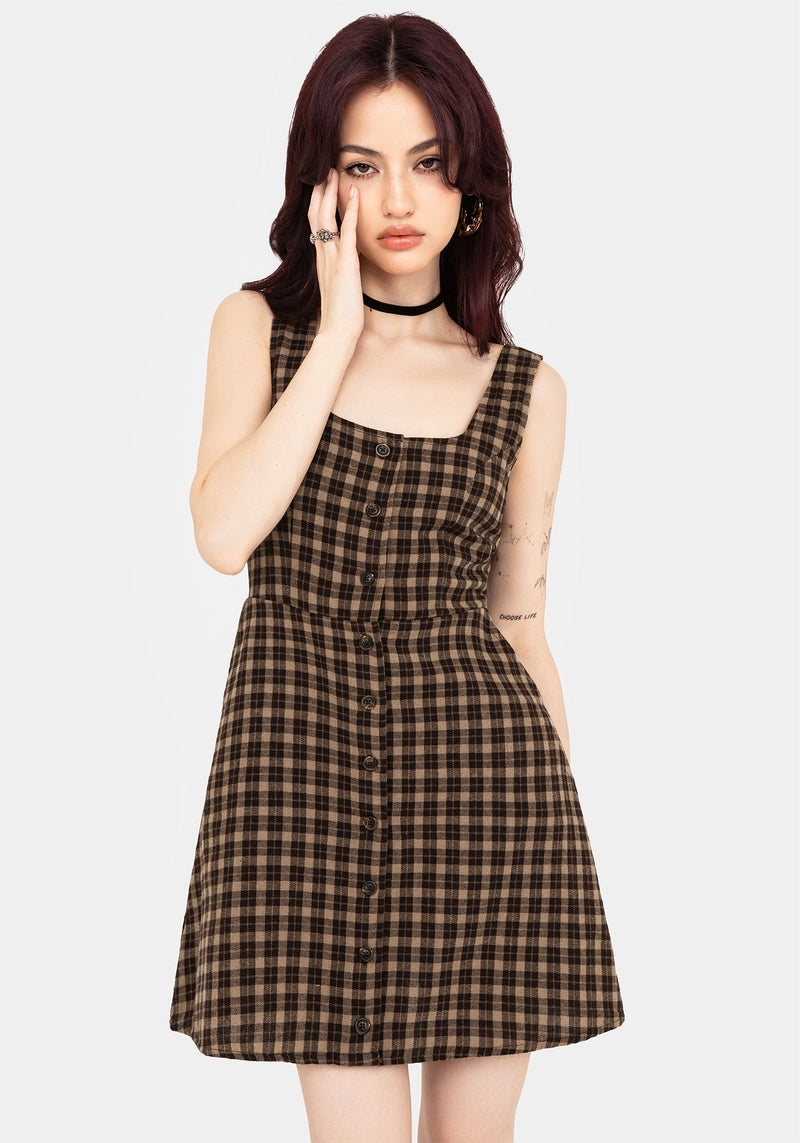 Terra Baumwolle Prüfen Ärmellos Knopf Hoch Mini Kleid - Braun