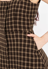 Terra Baumwolle Prüfen Ärmellos Knopf Hoch Mini Kleid - Braun
