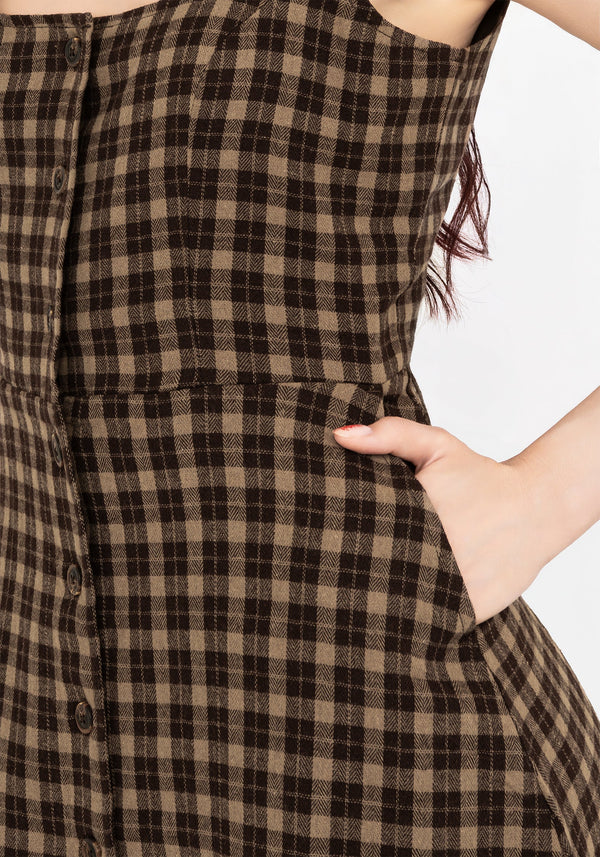 Terra Baumwolle Prüfen Ärmellos Knopf Hoch Mini Kleid - Braun