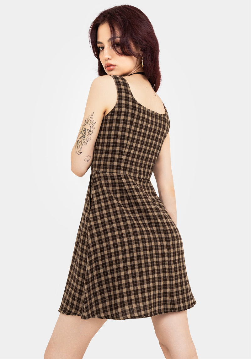 Terra Baumwolle Prüfen Ärmellos Knopf Hoch Mini Kleid - Braun